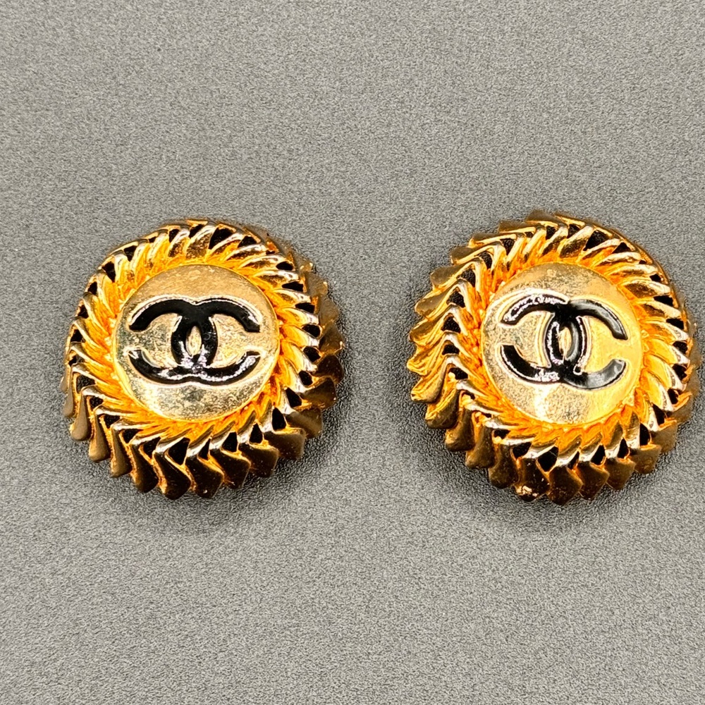 Vintage Gold Tone & Black Chanel CC Earrings
